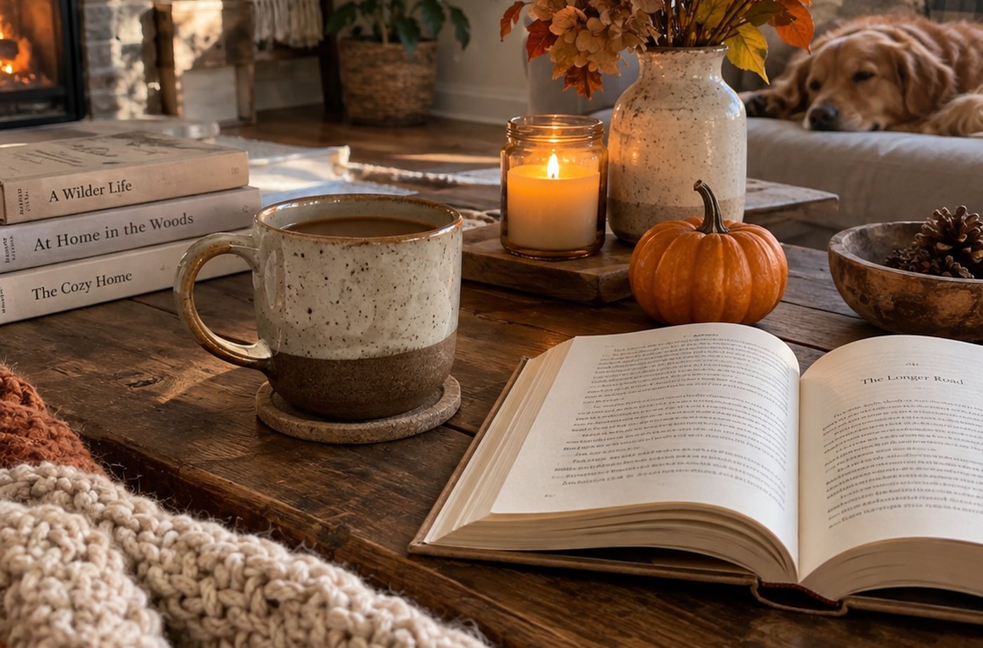 Una taza, una vela encendida, ramas secas de otoño en un jarrón moteado y un libro abierto sobre una mesa de madera.
