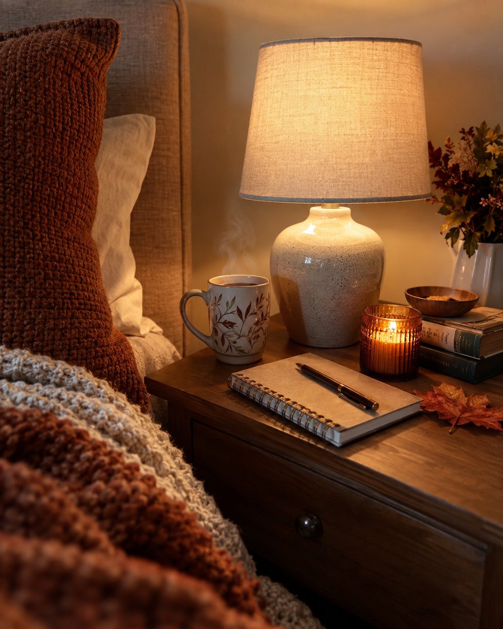 Una lámpara de noche encendida junto a una taza, un cuaderno abierto y una vela, con una manta de punto color teja sobre la cama.