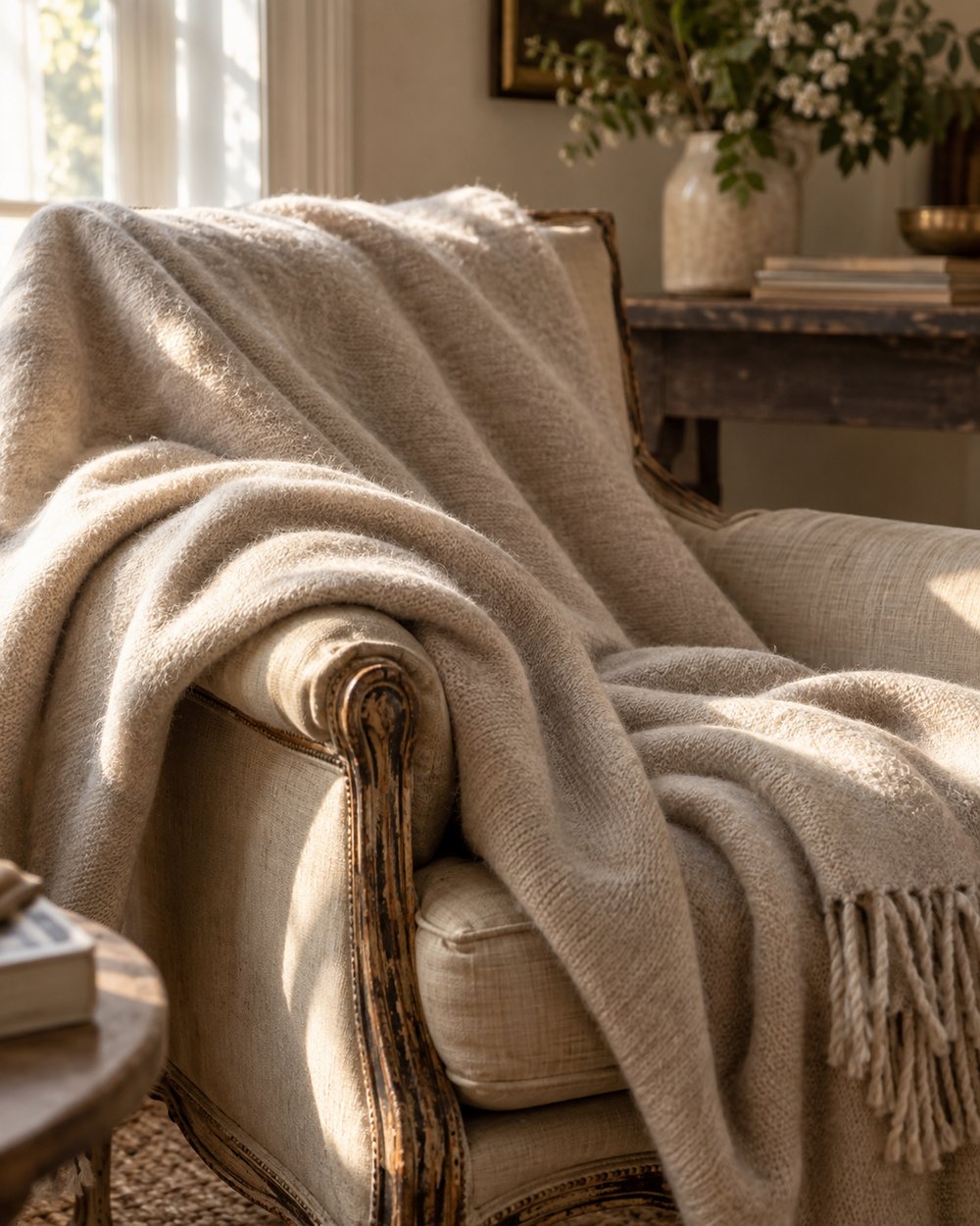 Una manta color crema con flecos sobre un sillón antiguo, con la luz baja de la tarde.