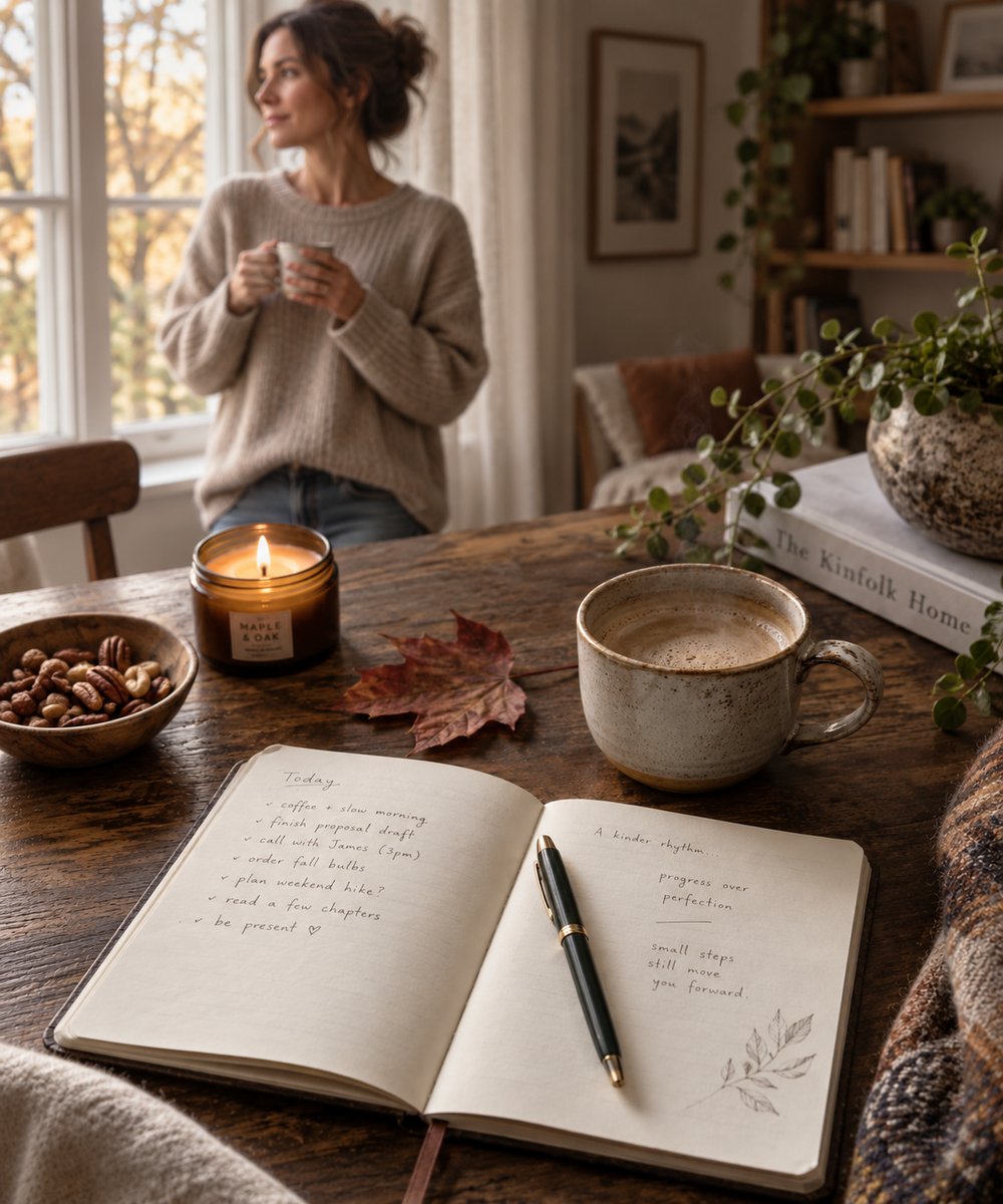 Una mujer con una taza junto a una ventana soleada, con una vela, un café y un cuaderno abierto sobre la mesa delante de ella.