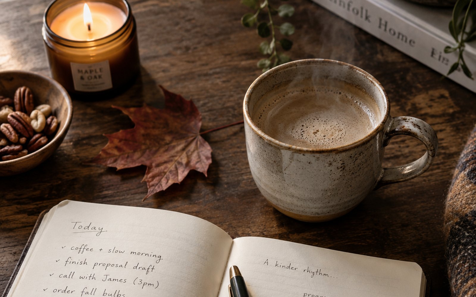 Una mesa de madera con luz de otoño: una vela encendida, un cuenco de frutos secos, una hoja de arce caída, una taza moteada de café y un cuaderno abierto.