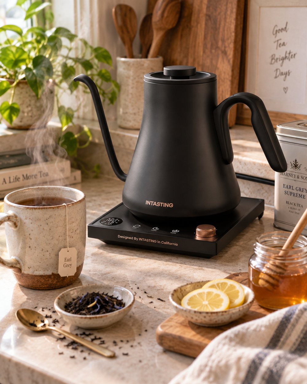 Un hervidor eléctrico negro de cuello de cisne sobre la encimera, junto a una taza de té, hojas sueltas, limón y miel.