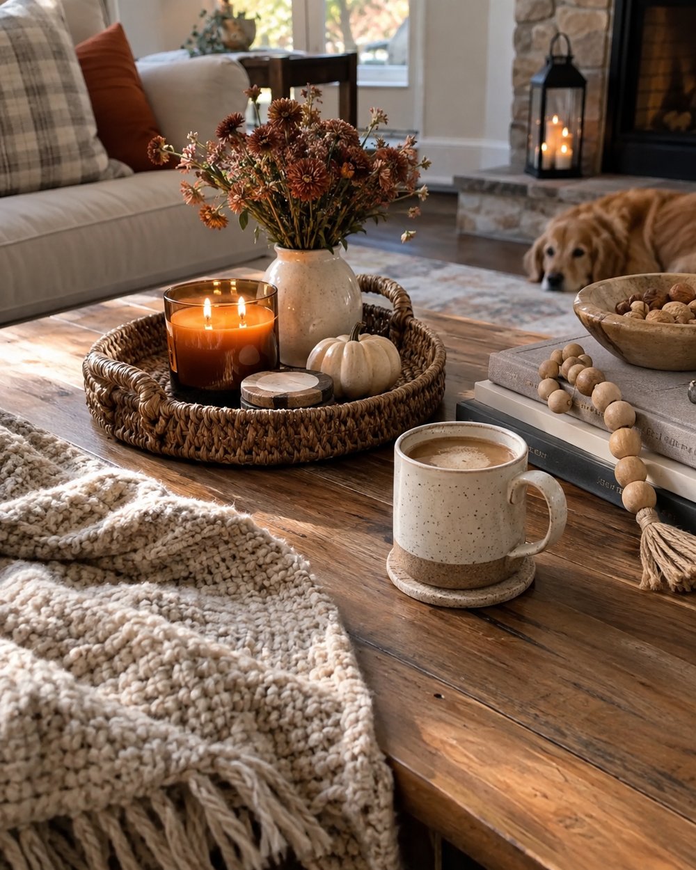 Una taza de gres moteado con café sobre una mesa de madera, junto a una vela encendida y flores de otoño.