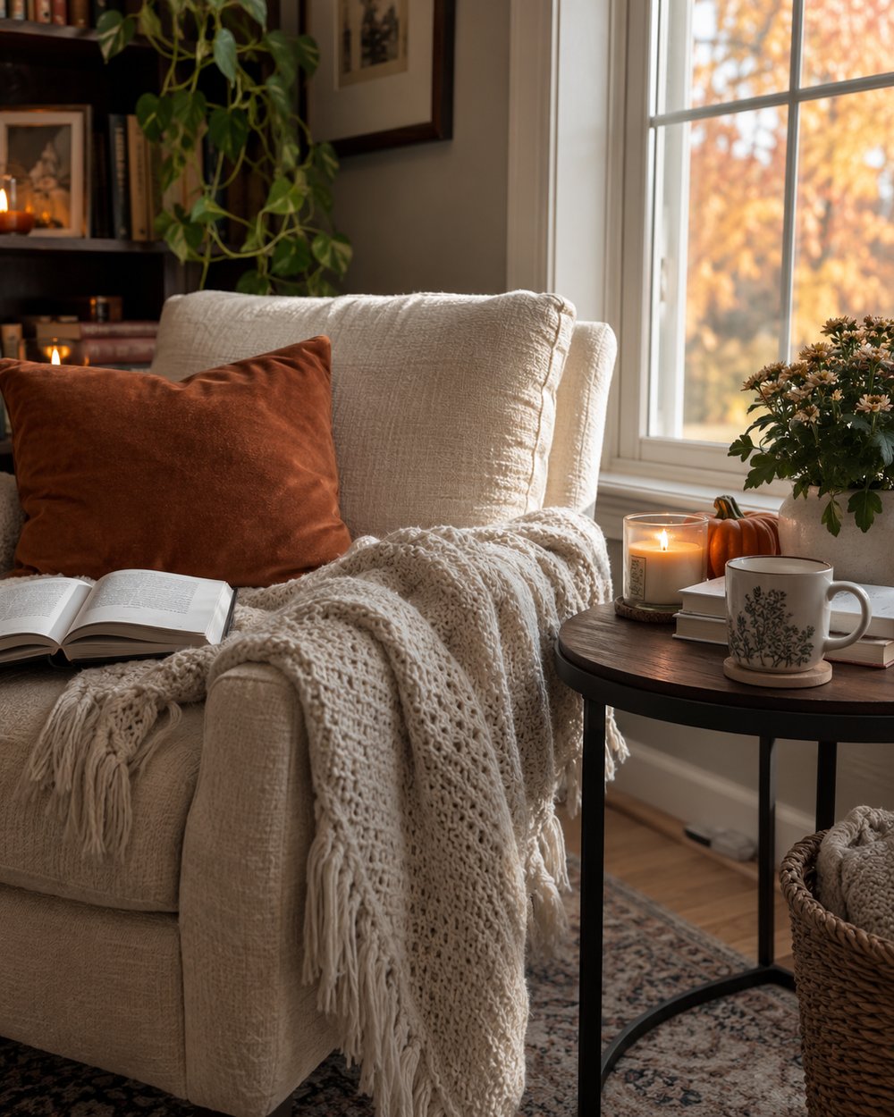 Una manta crema con flecos sobre un sillón con un cojín color teja y un libro abierto, junto a una ventana con hojas de otoño.