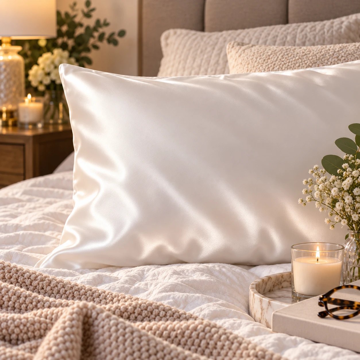 A white mulberry silk pillowcase on a made bed, with a lit candle, white flowers and a knit throw.