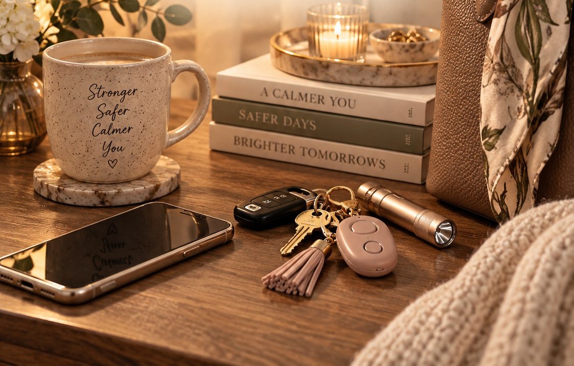A nightstand with a speckled mug of coffee, a lit candle on a marble tray, a stack of books, a leather tote with a floral scarf, a phone, car keys with a tassel, a personal safety alarm and a small flashlight.