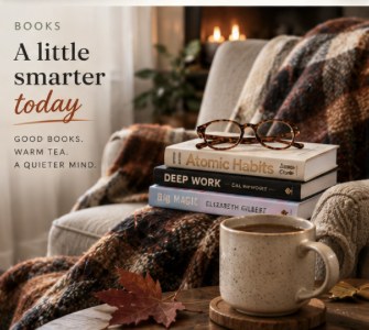 Tarjeta de libros de Cashmere Brunch que dice «Un poco más lista hoy: buenos libros, té caliente, una mente más tranquila», sobre una pila de libros, unas gafas de leer y una taza encima de una manta.