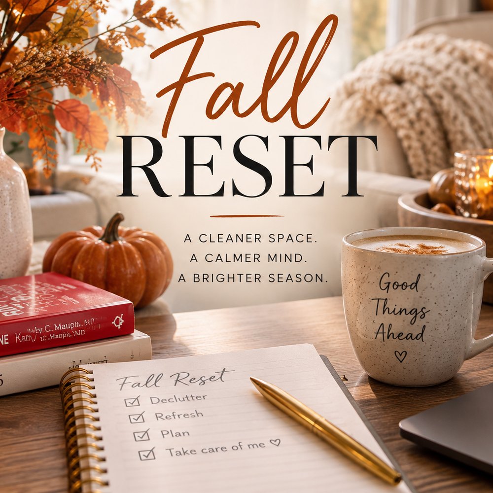 Un escritorio de otoño: una vela encendida, hojas secas en un jarrón, una calabaza pequeña, una taza y un cuaderno abierto.
