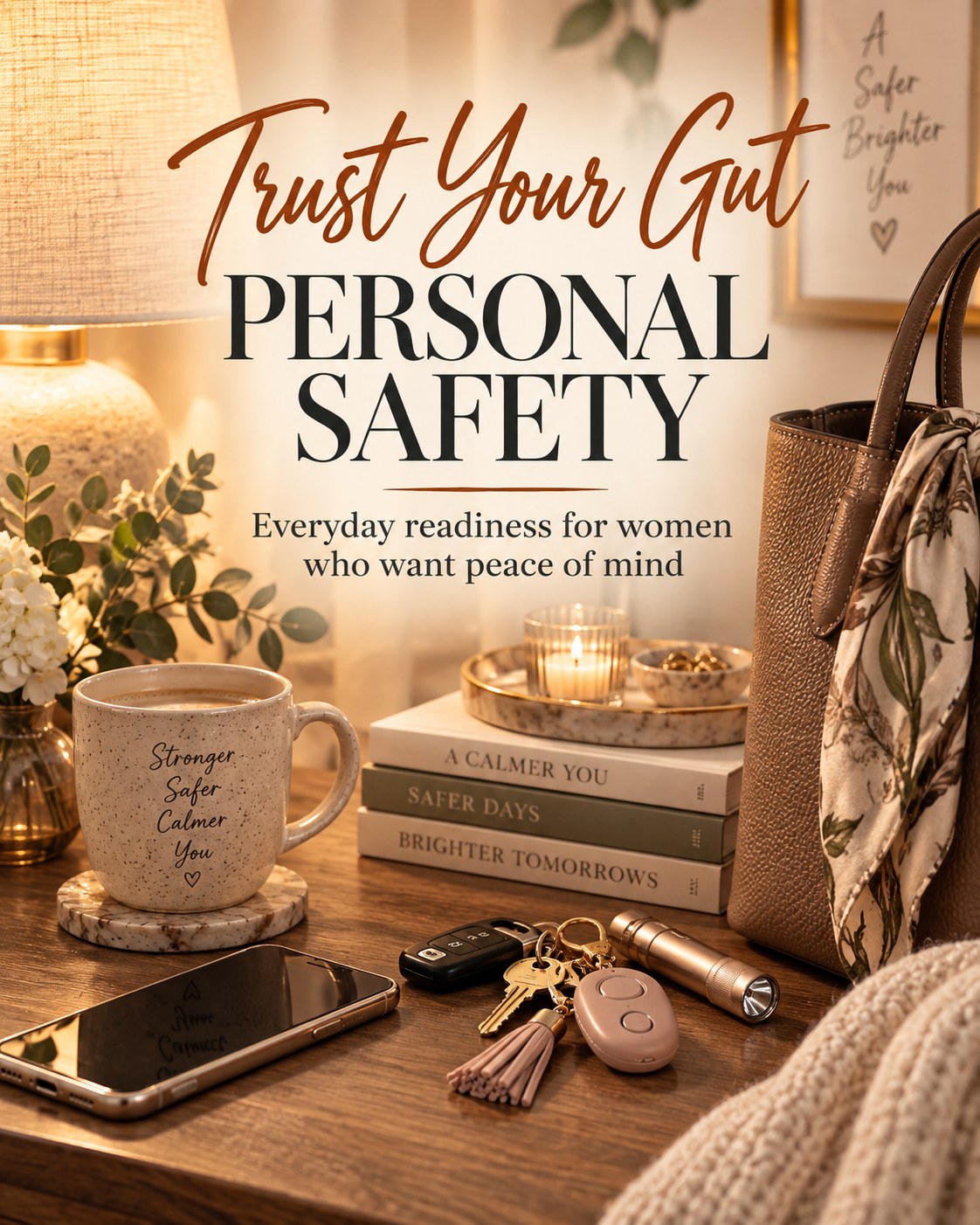 Cashmere Brunch card reading “Trust your gut: personal safety. Everyday readiness for women who want peace of mind”, over a nightstand with a mug, a candle, a stack of books, a tote, a phone, car keys with a tassel, a personal alarm and a small flashlight.