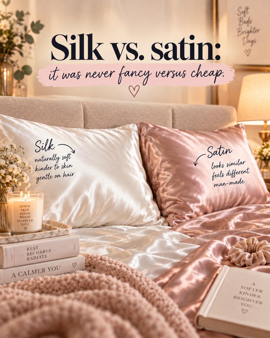 Cashmere Brunch card reading “Silk vs. satin: it was never fancy versus cheap”, over a white silk pillowcase labelled naturally soft, kinder to skin, gentle on hair, and a blush satin pillowcase labelled looks similar, feels different, man-made, with a candle and a scrunchie.