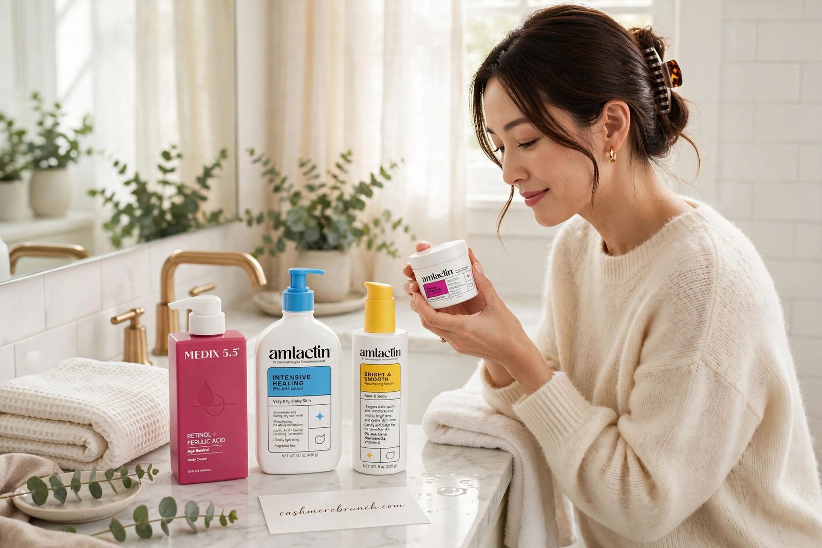 A woman in a cream sweater at a marble bathroom counter, holding a jar of AmLactin Crepe Firming cream, with MEDIX 5.5, AmLactin Intensive Healing and AmLactin Bright & Smooth lined up beside her.